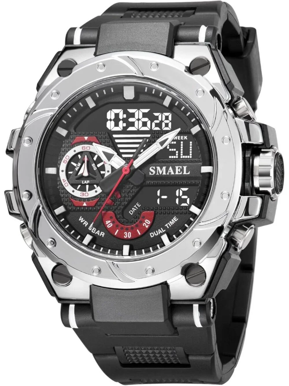 Mens Black And Silver Analog Quartz Sport Waterproof Military LED Digital Watch